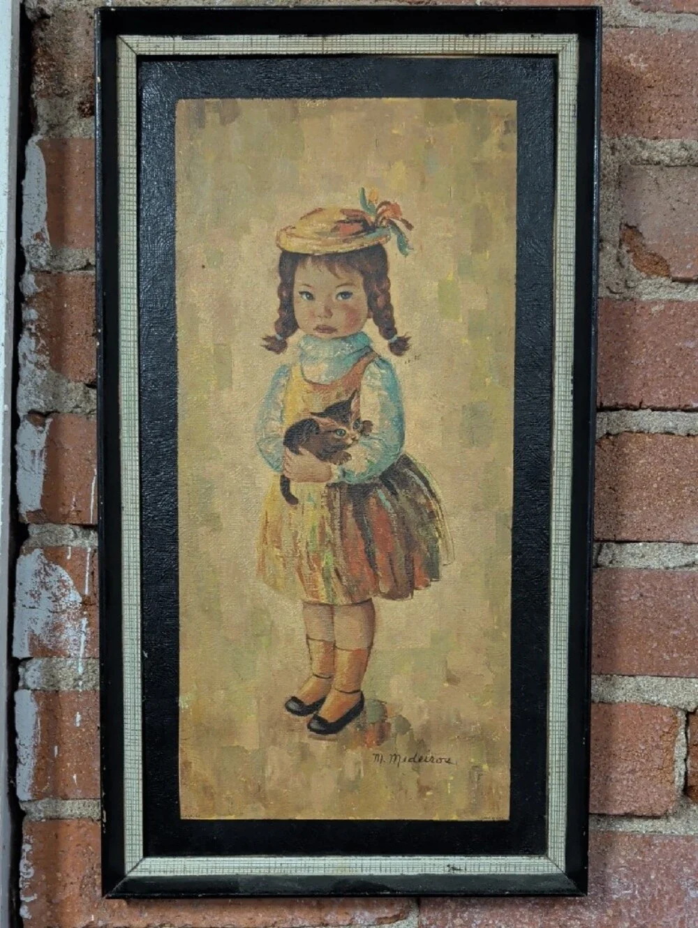 Vintage Style Framed Wall Art Set M  Medeiros Lithograph Children w Pets Dog Cat
